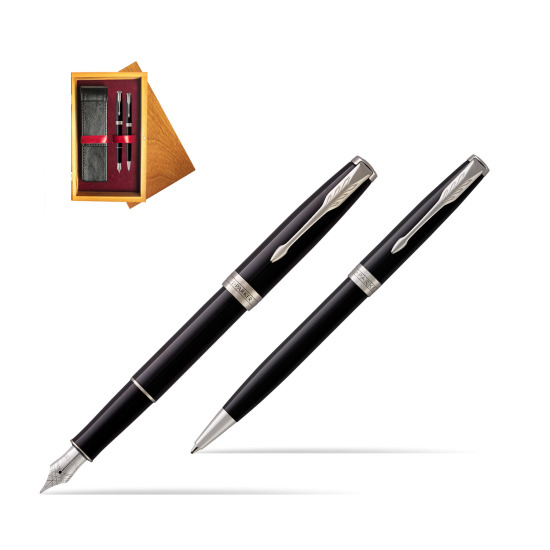 Parker Sonnet Black Lacquer CT Fountain Pen + Ballpoint Pen in a Gift Box in double wooden box Honey Double Maroon
