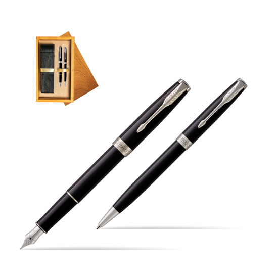 Parker Sonnet Black Lacquer CT Fountain Pen + Ballpoint Pen in a Gift Box in double wooden box Honey Double Ecru