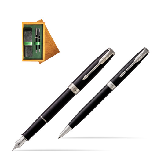 Parker Sonnet Black Lacquer CT Fountain Pen + Ballpoint Pen in a Gift Box in double wooden box Honey Green