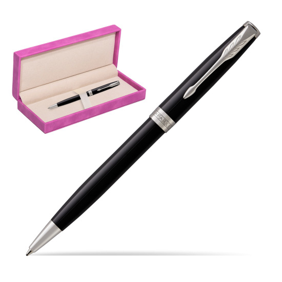 Parker Sonnet Black Lacquer CT Ballpoint Pen in suede box fuchsia