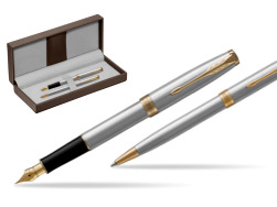 Parker Sonnet Stainless Steel GT Stylo-plume + Stylo-bille in a Gift Box in the brown leather box