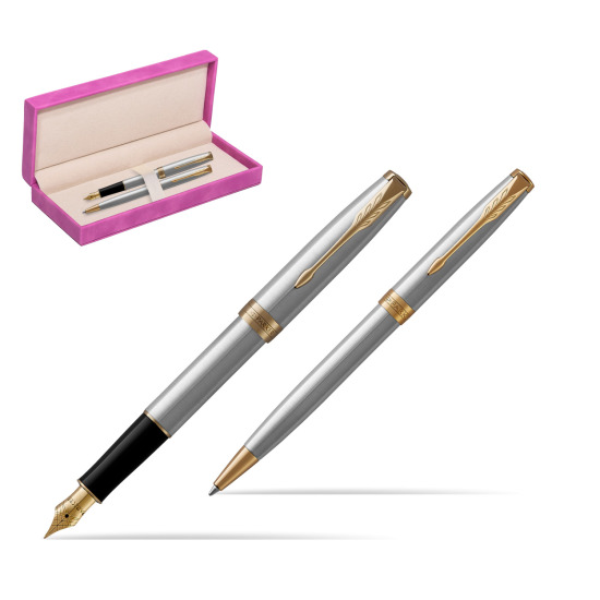 Parker Sonnet Stainless Steel GT Fountain Pen + Ballpoint Pen in a Gift Box in suede box fuchsia