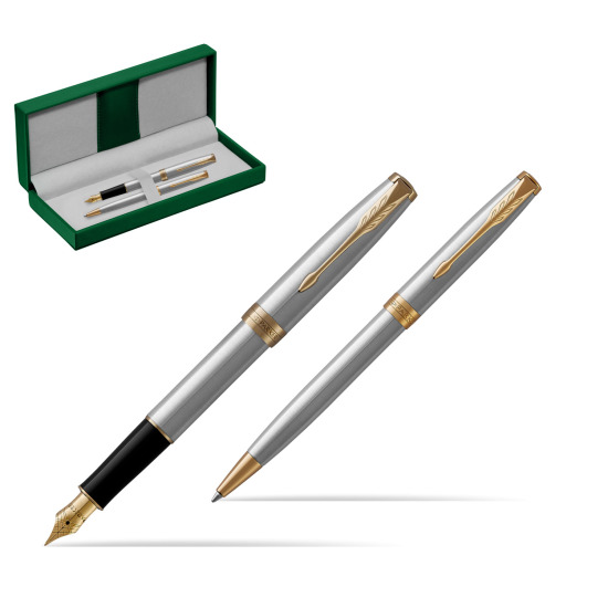 Parker Sonnet Stainless Steel GT Stylo-plume + Stylo-bille in a Gift Box in the green leather box