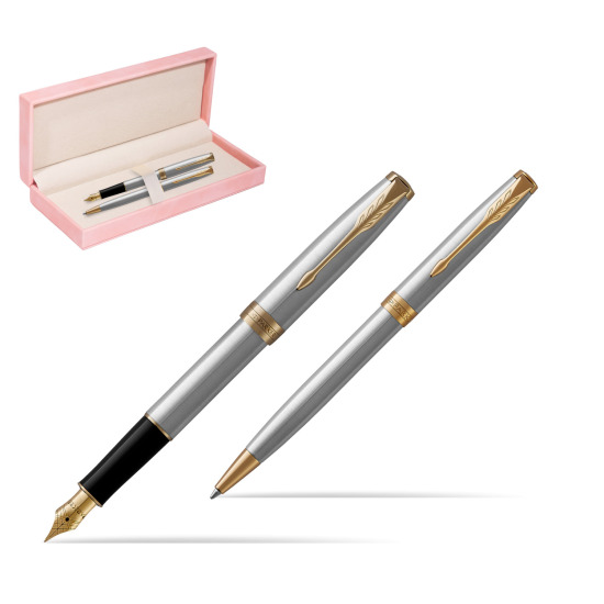 Parker Sonnet Stainless Steel GT Fountain Pen + Ballpoint Pen in a Gift Box in suede box pink