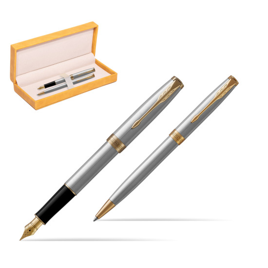 Parker Sonnet Stainless Steel GT Fountain Pen + Ballpoint Pen in a Gift Box in suede box yellow
