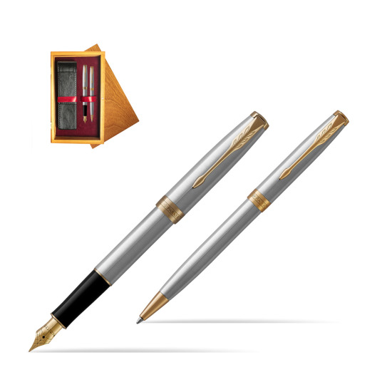 Parker Sonnet Stainless Steel GT Fountain Pen + Ballpoint Pen in a Gift Box in double wooden box Honey Double Maroon