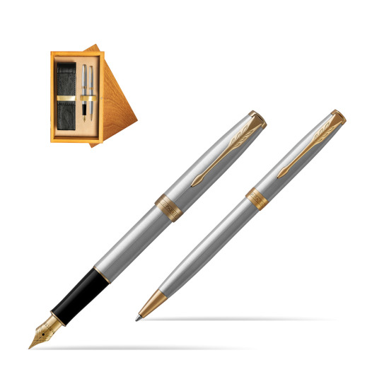 Parker Sonnet Stainless Steel GT Fountain Pen + Ballpoint Pen in a Gift Box in double wooden box Honey Double Ecru