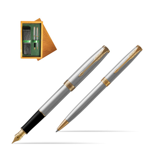 Parker Sonnet Stainless Steel GT Fountain Pen + Ballpoint Pen in a Gift Box in double wooden box Honey Green