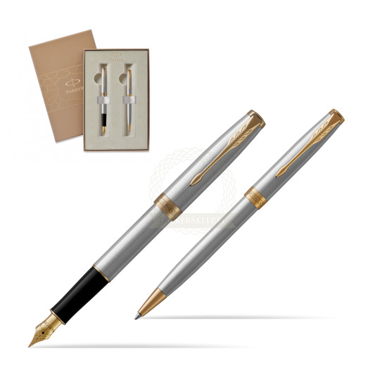 Parker Sonnet Stainless Steel GT Fountain Pen + Ballpoint Pen in a Gift Box 