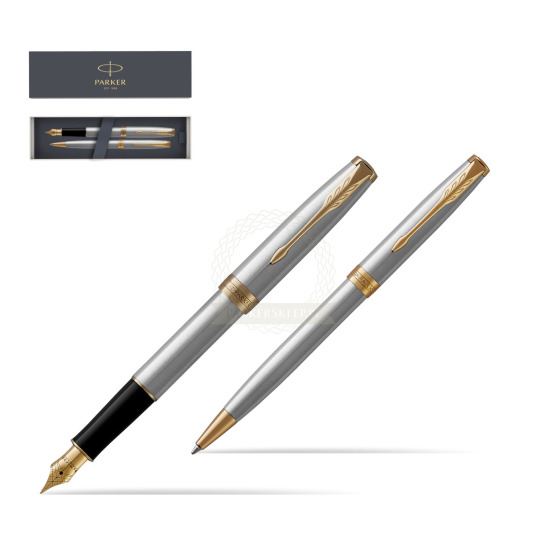 Parker Sonnet Stainless Steel GT Fountain Pen + Ballpoint Pen in a Gift Box