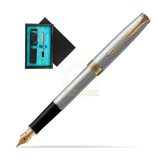 Parker Sonnet Stainless Steel GT Penna Stilografica in single wooden box Black Single Turquoise