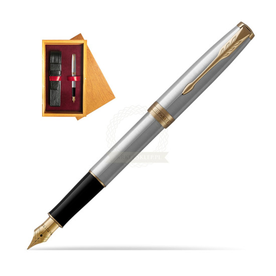 Parker Sonnet Stainless Steel GT Penna Stilografica in single wooden box Honey Single Maroon