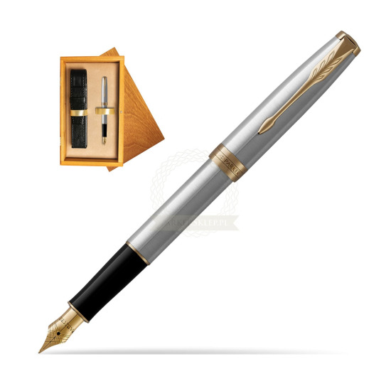 Parker Sonnet Stainless Steel GT Penna Stilografica in single wooden box Honey Single Ecru