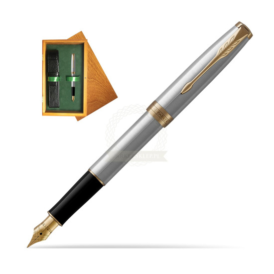 Parker Sonnet Stainless Steel GT Penna Stilografica in single wooden box Honey Single Green