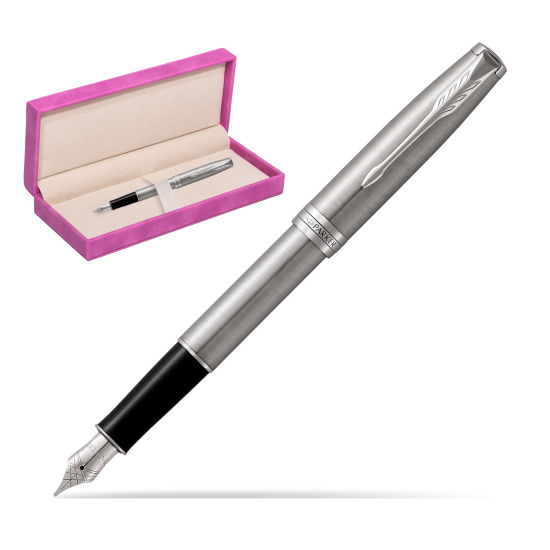 Parker Sonnet Stainless Steel CT Fountain Pen in suede box fuchsia