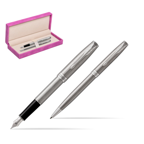 Parker Sonnet Stainless Steel CT Fountain Pen + Ballpoint Pen in a Gift Box in suede box fuchsia