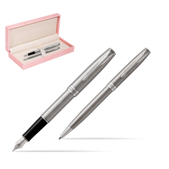 Parker Sonnet Stainless Steel CT Fountain Pen + Ballpoint Pen in a Gift Box in suede box pink