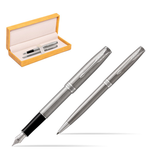 Parker Sonnet Stainless Steel CT Fountain Pen + Ballpoint Pen in a Gift Box in suede box yellow