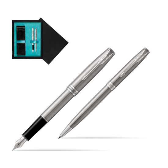Parker Sonnet Stainless Steel CT Fountain Pen + Ballpoint Pen in a Gift Box in double wooden box Black Double Turquoise