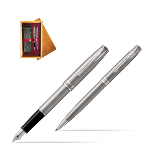 Parker Sonnet Stainless Steel CT Fountain Pen + Ballpoint Pen in a Gift Box in double wooden box Honey Double Maroon