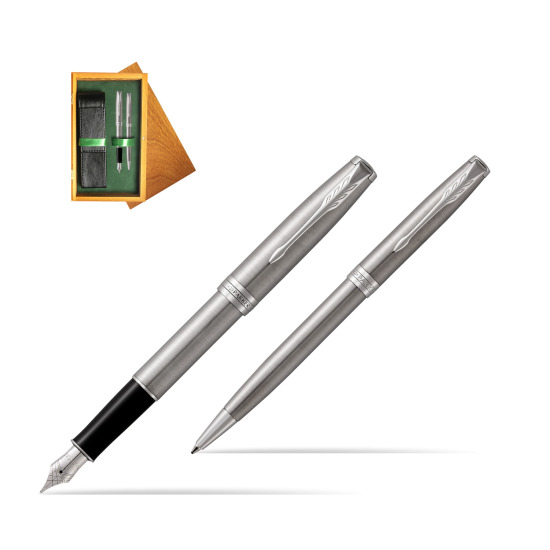 Parker Sonnet Stainless Steel CT Fountain Pen + Ballpoint Pen in a Gift Box in double wooden box Honey Green
