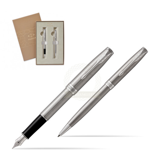 Parker Sonnet Stainless Steel CT Fountain Pen + Ballpoint Pen in a Gift Box 