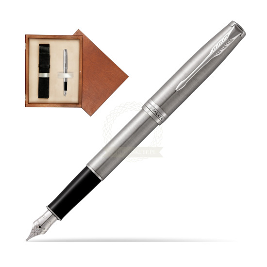 Parker Sonnet Stainless Steel CT Fountain Pen in single wooden box Mahogany Single Ecru
