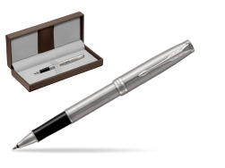 Parker Sonnet Stainless Steel CT Rollerball Pen in the brown leather box
