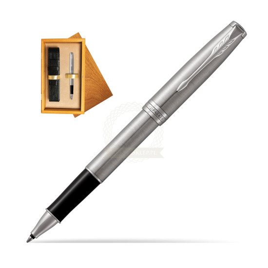 Parker Sonnet Stainless Steel CT Penna Rollerball in single wooden box Honey Single Ecru