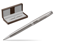 Parker Sonnet Stainless Steel CT Ballpoint Pen in the brown leather box