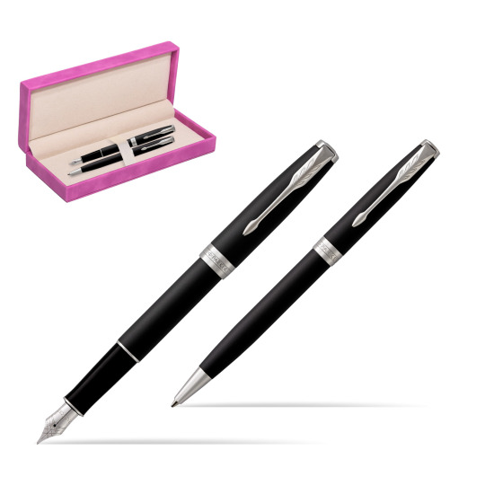 Parker Sonnet Matte Black Lacquer CT Fountain Pen + Ballpoint Pen in a Gift Box in suede box fuchsia