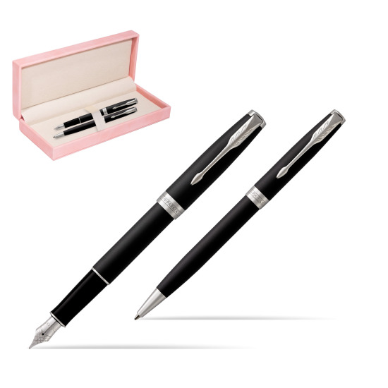 Parker Sonnet Matte Black Lacquer CT Fountain Pen + Ballpoint Pen in a Gift Box in suede box pink