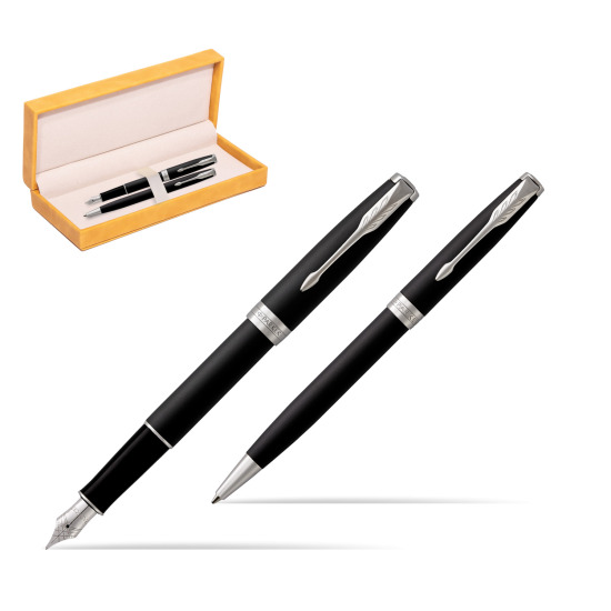 Parker Sonnet Matte Black Lacquer CT Fountain Pen + Ballpoint Pen in a Gift Box in suede box yellow