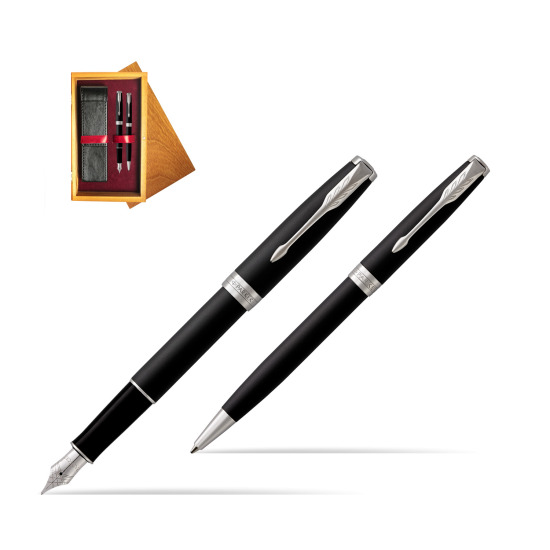 Parker Sonnet Matte Black Lacquer CT Fountain Pen + Ballpoint Pen in a Gift Box in double wooden box Honey Double Maroon