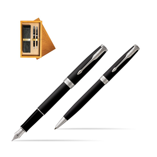 Parker Sonnet Matte Black Lacquer CT Fountain Pen + Ballpoint Pen in a Gift Box in double wooden box Honey Double Ecru
