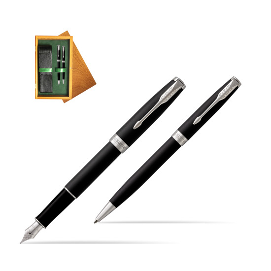 Parker Sonnet Matte Black Lacquer CT Fountain Pen + Ballpoint Pen in a Gift Box in double wooden box Honey Green