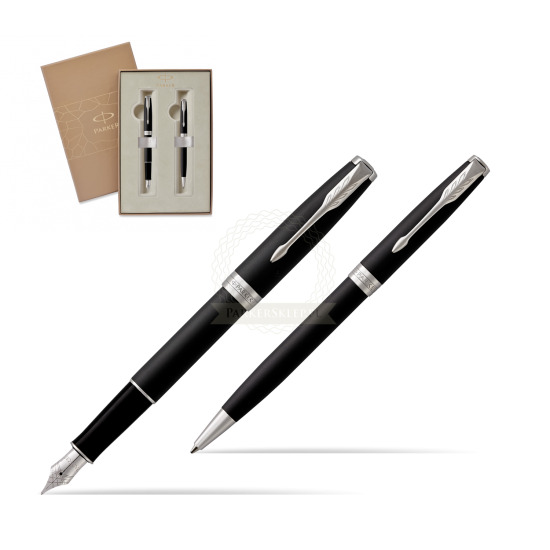 Parker Sonnet Matte Black Lacquer CT Fountain Pen + Ballpoint Pen in a Gift Box 