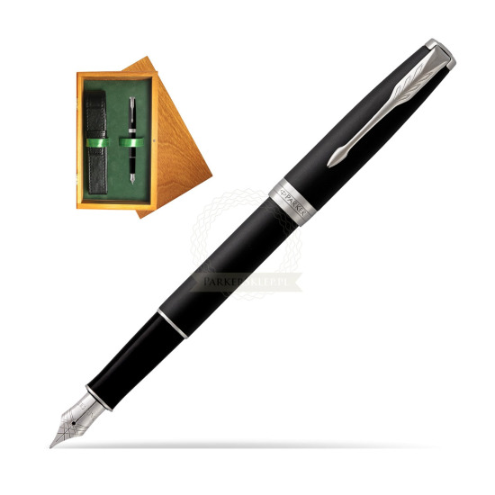 Parker Sonnet Matte Black Lacquer CT Penna Stilografica in single wooden box Honey Single Green