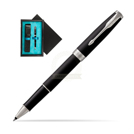 Parker Sonnet Matte Black Lacquer CT Penna Rollerball in single wooden box Black Single Turquoise