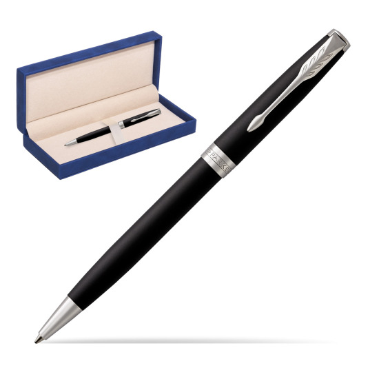 Parker Sonnet Matte Black Lacquer CT Penna a Sfera in suede box navy blue