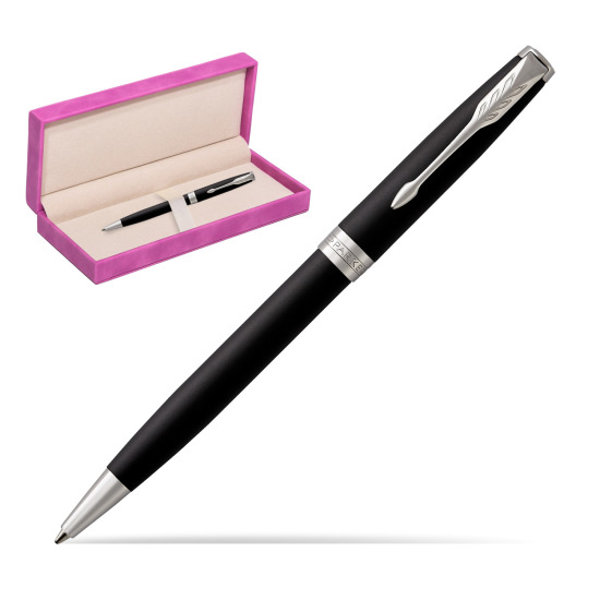 Parker Sonnet Matte Black Lacquer CT Penna a Sfera in suede box fuchsia