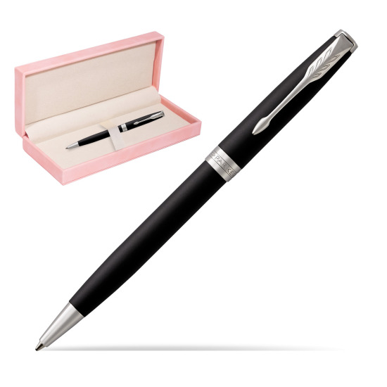 Parker Sonnet Matte Black Lacquer CT Penna a Sfera in suede box pink