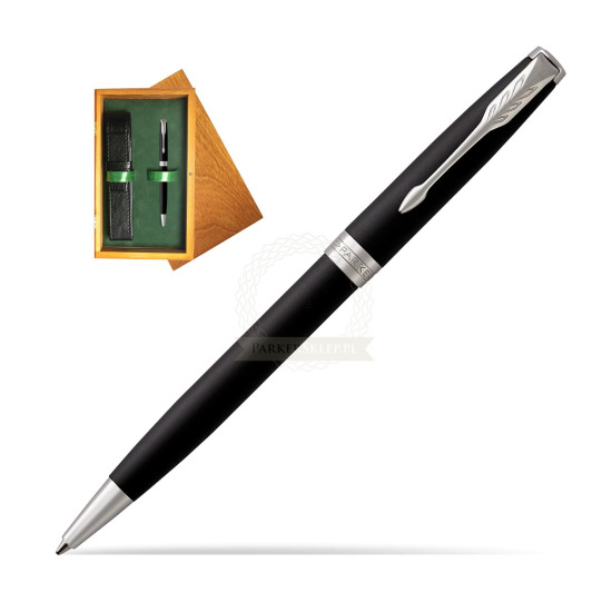 Parker Sonnet Matte Black Lacquer CT Penna a Sfera in single wooden box Honey Single Green