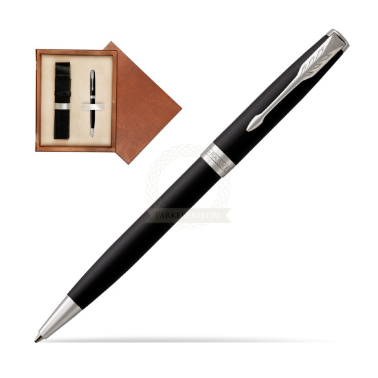 Parker Sonnet Matte Black Lacquer CT Penna a Sfera in single wooden box Mahogany Single Ecru