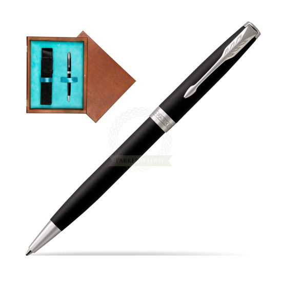 Parker Sonnet Matte Black Lacquer CT Penna a Sfera in single wooden box Mahogany Single Turquoise 