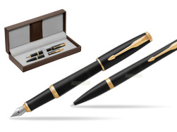Parker Urban Muted Black GT Fountain Pen + Ballpoint Pen in a Gift Box in the brown leather box