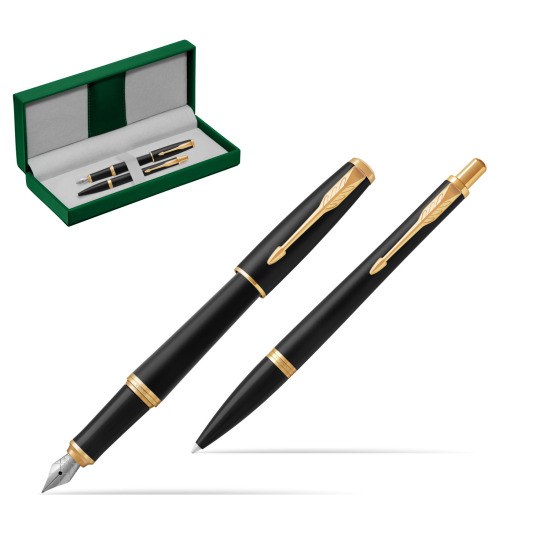 Parker Urban Muted Black GT Fountain Pen + Ballpoint Pen in a Gift Box in the green leather box