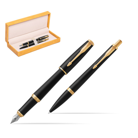Parker Urban Muted Black GT Fountain Pen + Ballpoint Pen in a Gift Box in suede box yellow