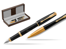 Parker Urban Muted Black GT Fountain Pen + Ballpoint Pen in a Gift Box in the brown leather box