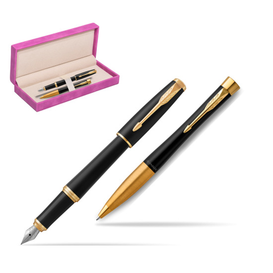 Parker Urban Muted Black GT Fountain Pen + Ballpoint Pen in a Gift Box in suede box fuchsia